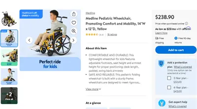 Medline Pediatric Wheelchair, 14"W x 12"D, Yellow - Thumbnail 2